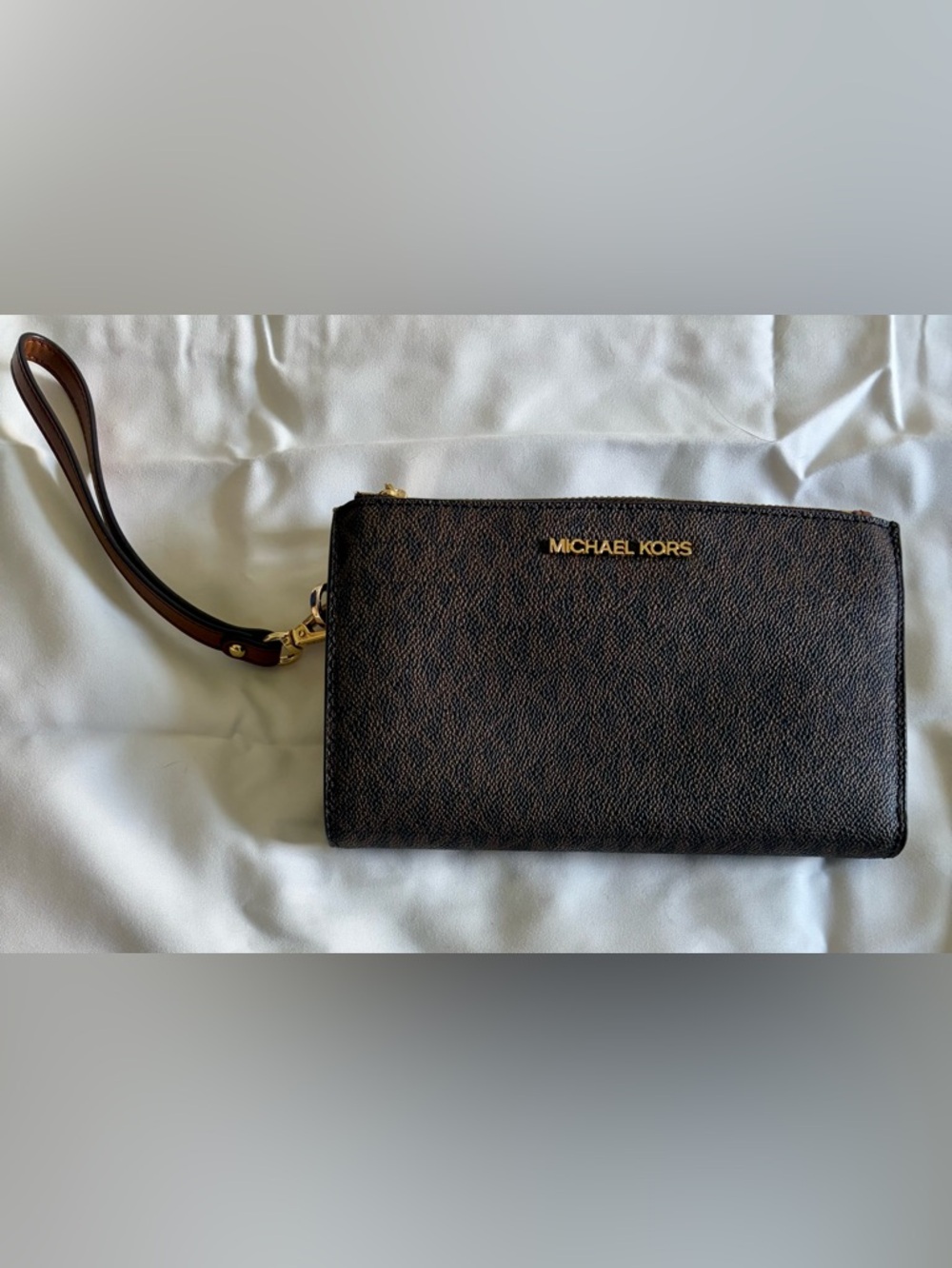 Michael Kors Brown Logo-Print Wristlet with Gold Hardware
